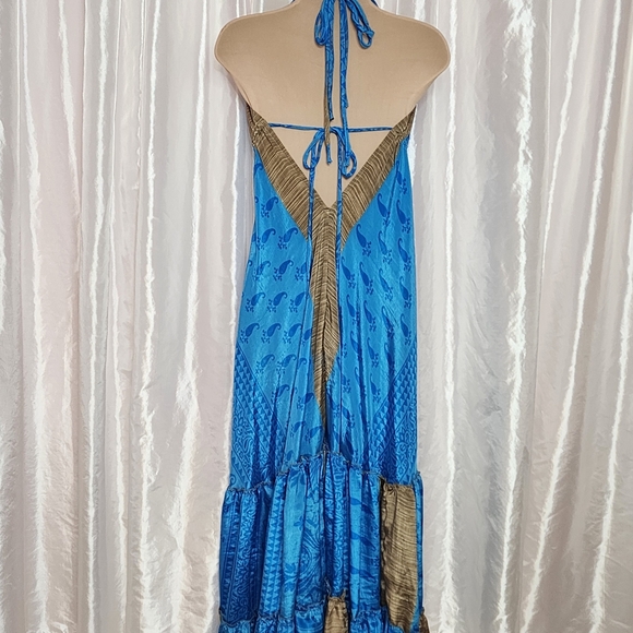 Boho Blue & Gold Backless Halter Maxi Dress OneSize - Picture 3 of 7